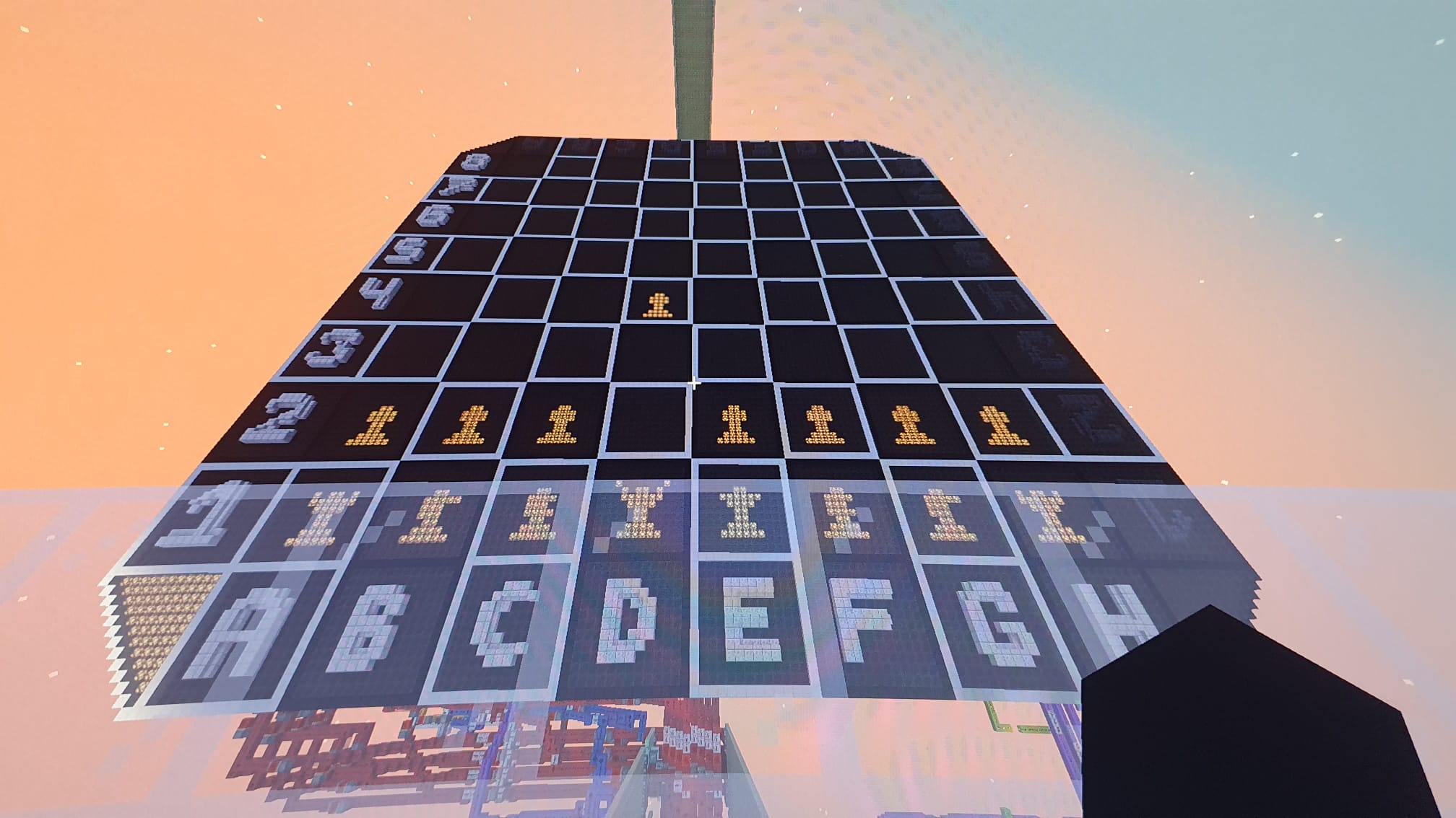 The finished redstone chessboard: an 8×8 display grid with pieces rendered in pixels, ranks and files labelled.