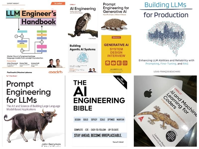 A stack of books on LLMs and AI engineering: prompt engineering, agentic systems, building LLMs for production.